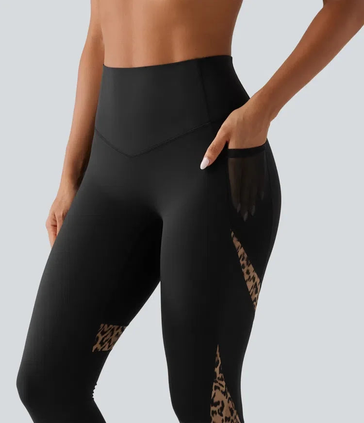 Z wysokim stanem skinny kontrastowa siateczka w panterkę kolor block legginsy do jogi z kieszeniami