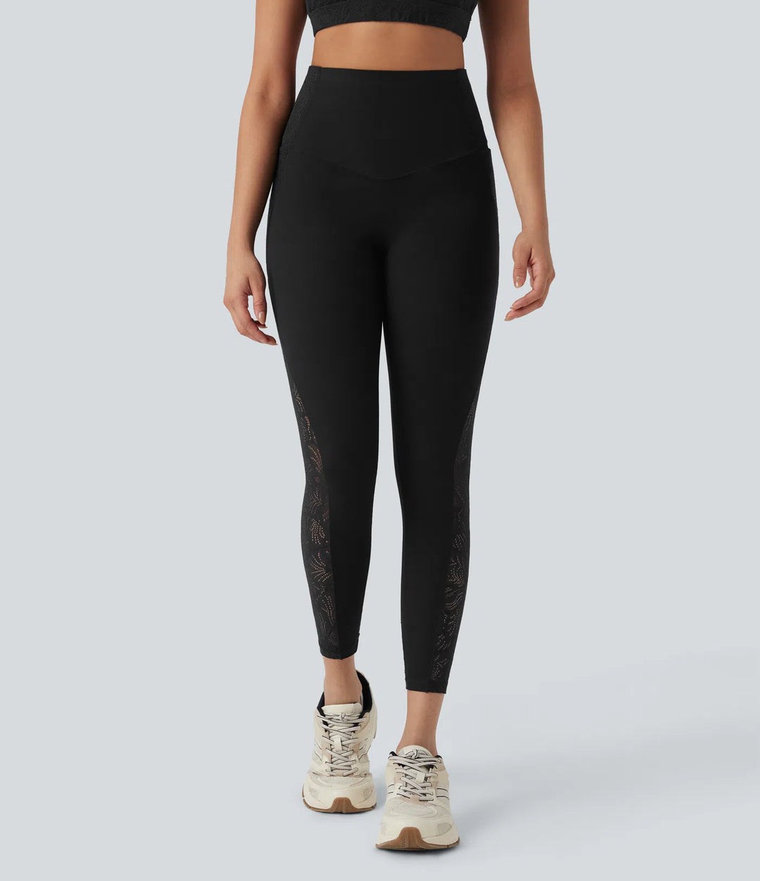 Halara UltraSculpt SoCinched legginsy treningowe o wysokim stanie, modelujące brzuch, z kontrastowymi koronkowymi detalami i kieszeniami