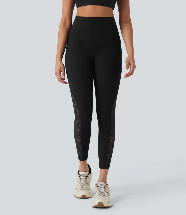 Halara UltraSculpt SoCinched legginsy treningowe o wysokim stanie, modelujące brzuch, z kontrastowymi koronkowymi detalami i kieszeniami