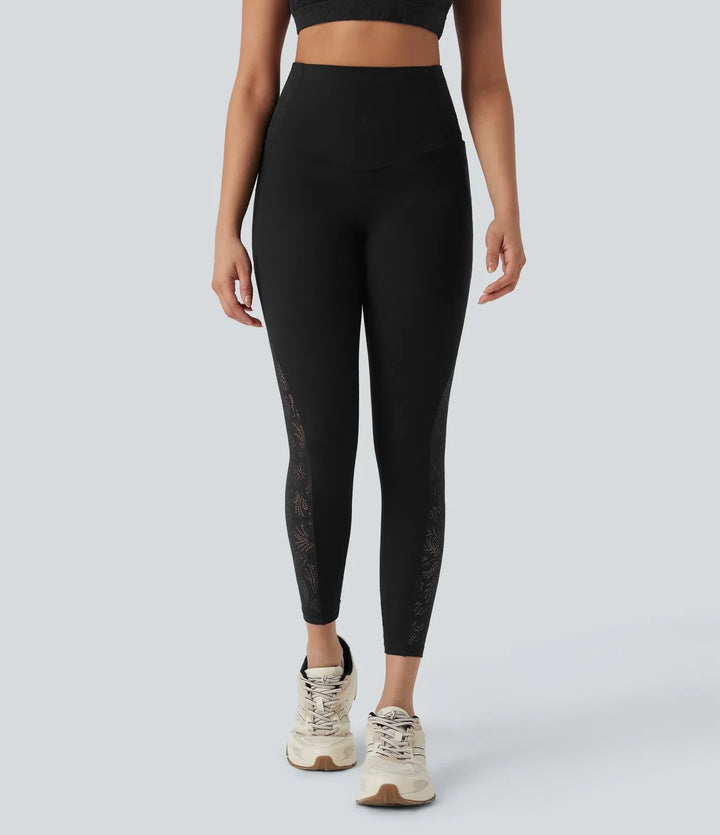 Milejka UltraSculpt z wysokim stanem modelujące brzuch kontrastowa koronka modelujące legginsy treningowe z kieszeniami