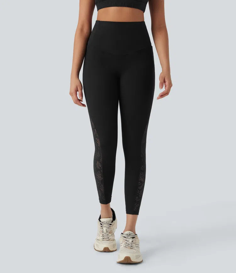 Halara UltraSculpt SoCinched legginsy treningowe o wysokim stanie, modelujące brzuch, z kontrastowymi koronkowymi detalami i kieszeniami