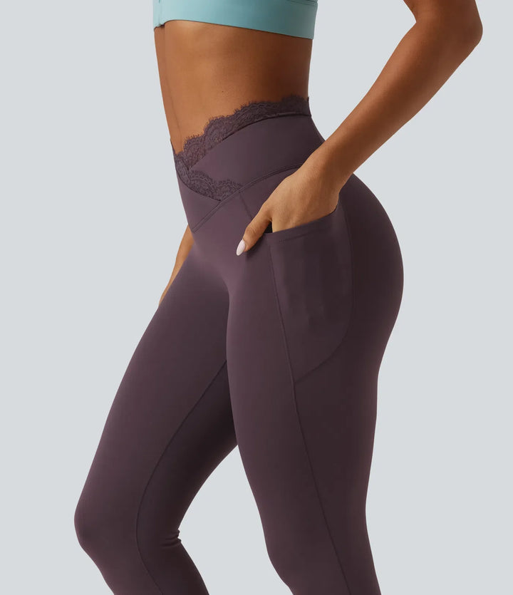 SoftlyZero z wysokim stanem krzyżowany kontrastowa koronka legginsy do jogi z kieszeniami