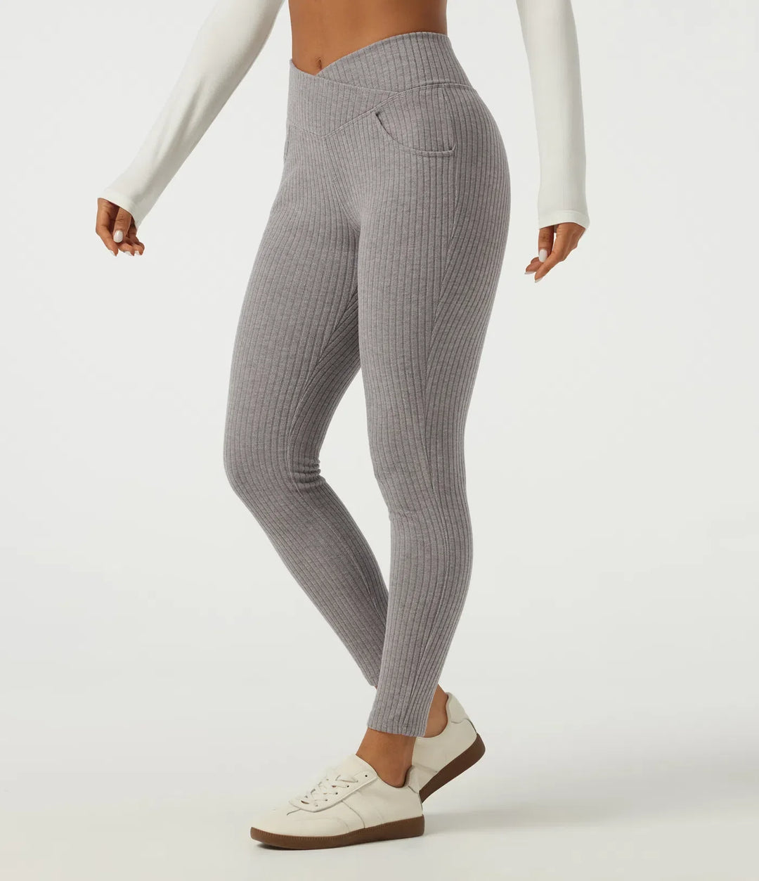 Prążkowana dzianina krzyżowany z wysokim stanem skinny legginsy na co dzień z kieszeniami