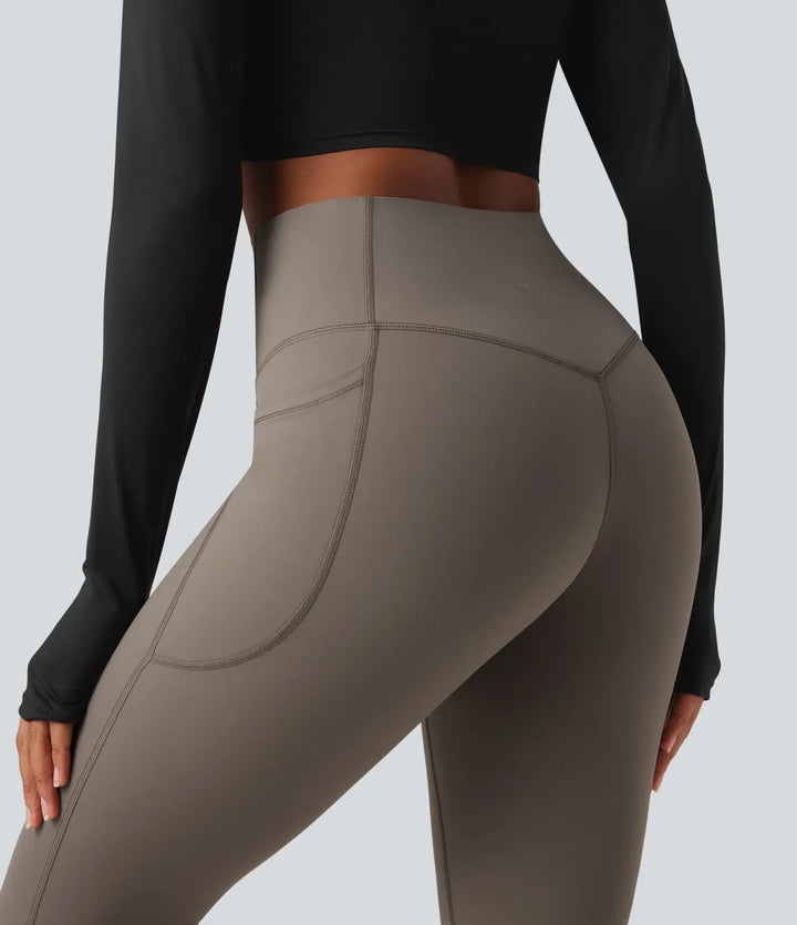 Milejka UltraSculpt ciepło z wysokim stanem modelujące brzuch polarowy modelujące joga legginsy bootcut z kieszeniami