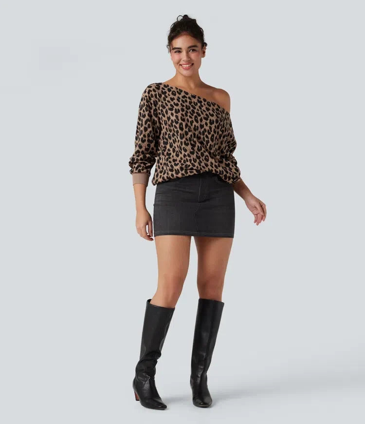 Na jedno ramię z długim rękawem waflowy Leopard bluza na co dzień z kieszeniami