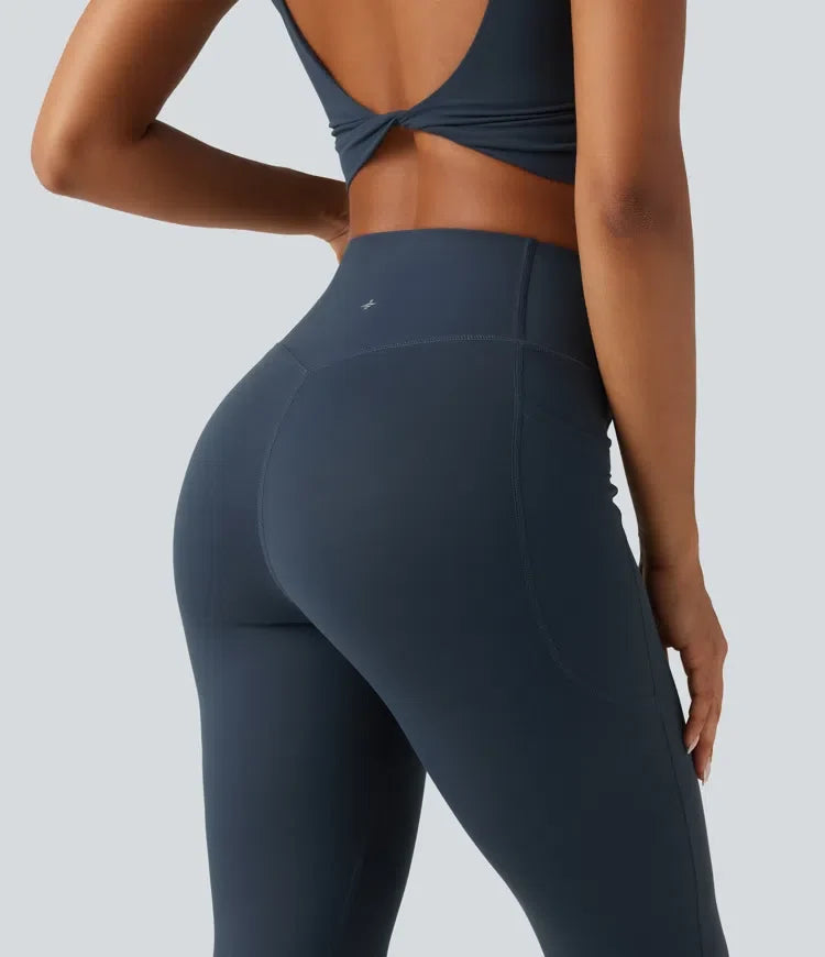 Milejka UltraSculpt z wysokim stanem krzyżowany modelujące brzuch flare treningowy legginsy z kieszeniami