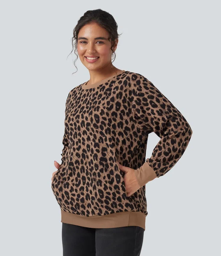 Z okrągłym dekoltem i długim rękawem Leopard waflowy oversize bluza na co dzień z kieszeniami