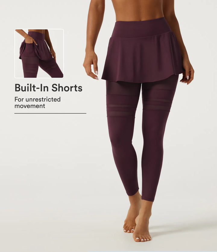 SoftlyZero Airy legginsy do tańca z dołączoną spódniczką, plisowane, z kontrastową siateczką, ze średnim stanem i kieszeniami