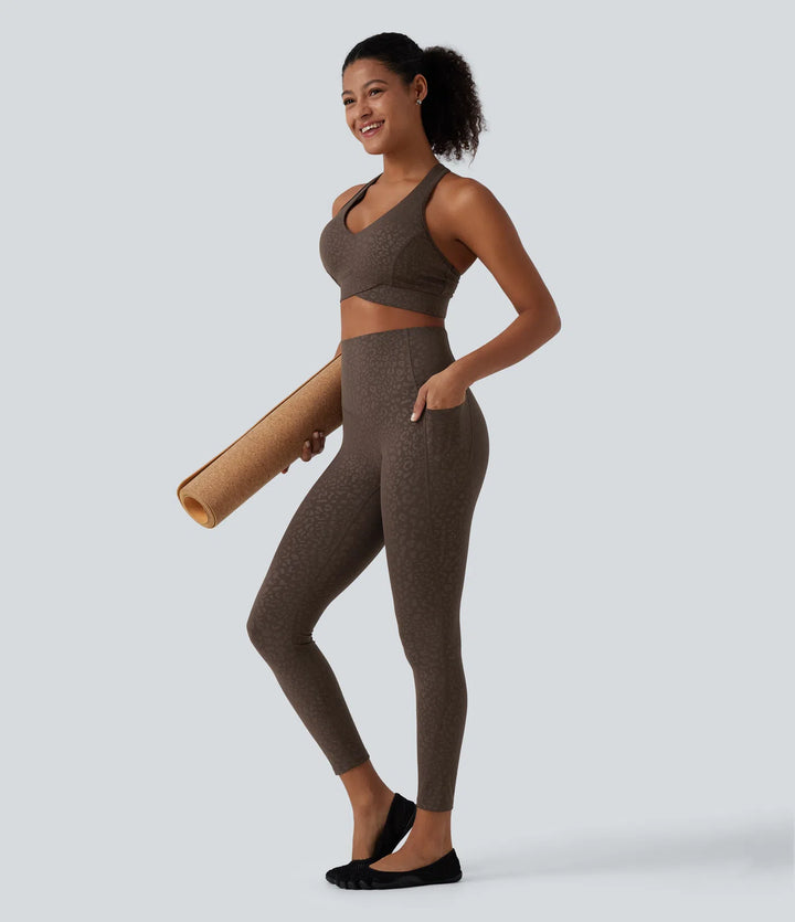 Halara UltraSculpt legginsy do jogi w panterkę, z wysokim stanem, modelującym efektem na brzuch i kieszeniami