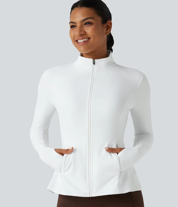SoftlyZero Airy ze stójką i długim rękawem z otworem na kciuk Eyelet z falbankowym dołem InstantCool joga kurtka z kieszeniami-UPF50+
