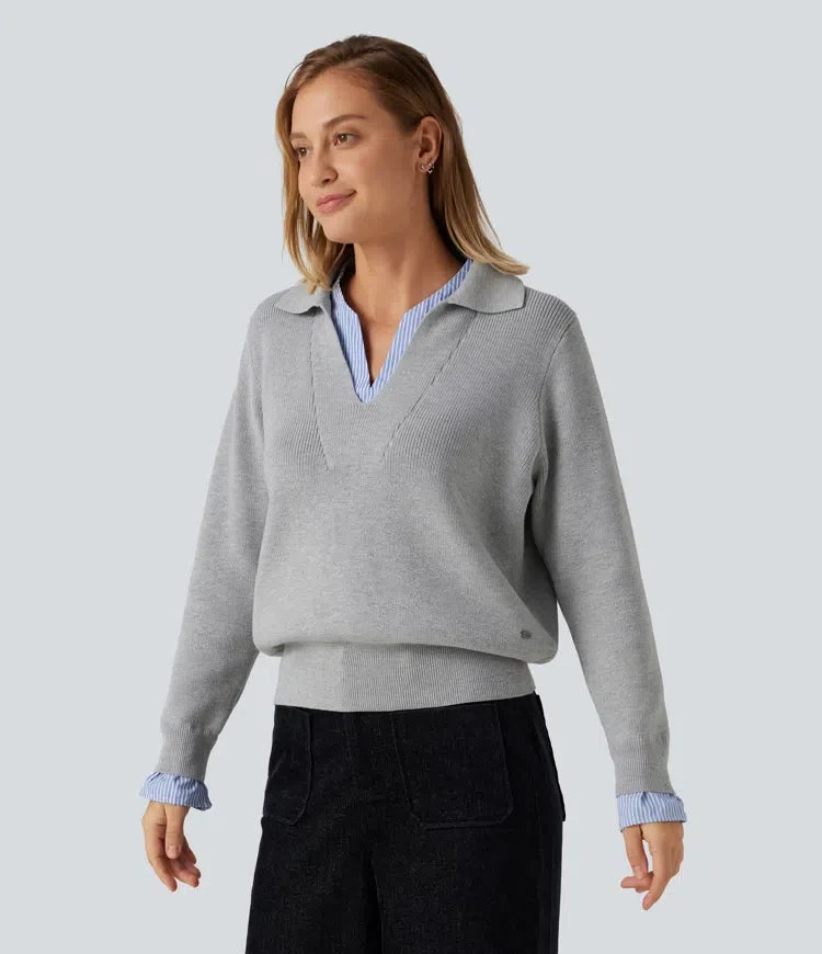 Z kołnierzykiem z dekoltem V i długim rękawem 2-in-1 sweter do pracy