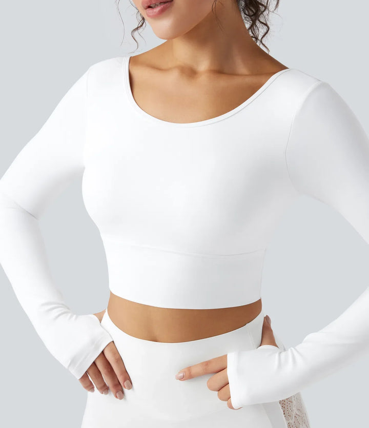SoftlyZero push-up z długim rękawem z otworem na kciuk kontrastowa koronka krótki fason joga top sportowy