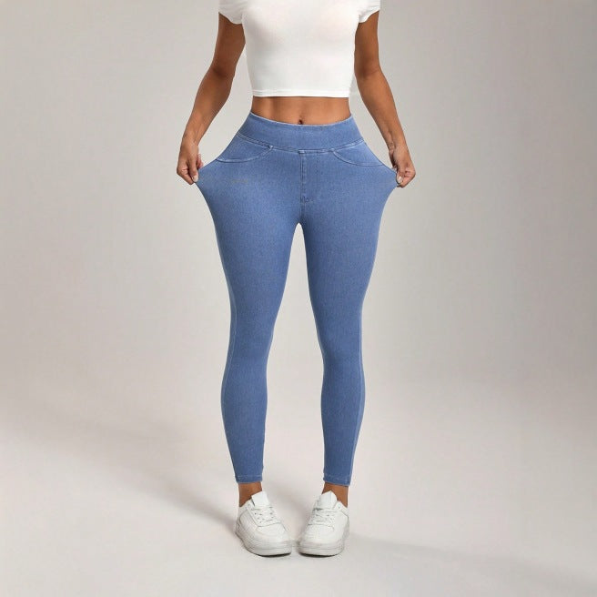 Halara Flex wysokie legginsy w stylu jeansowym (denim), modelujące brzuch, z kieszeniami