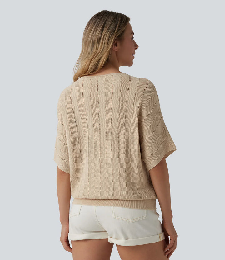Sweter na co dzień z dekoltem w serek i krótkim rękawem