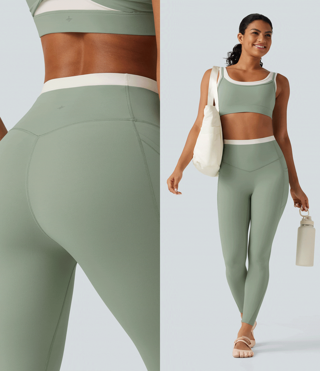 Halara UltraSculpt dopasowane legginsy do jogi z wysokim stanem, efektem modelującym brzuch, w designie color block i kieszeniami.