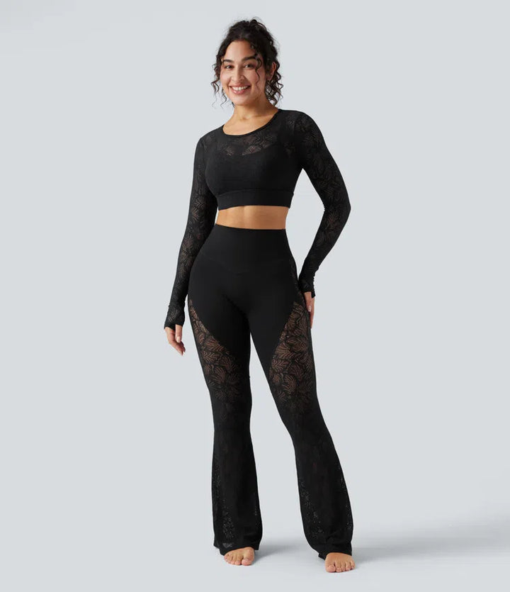 Halara UltraSculpt legginsy do jogi z wysokim stanem, modelujące brzuch, z kontrastową koronką, rozkloszowane, z kieszenią
