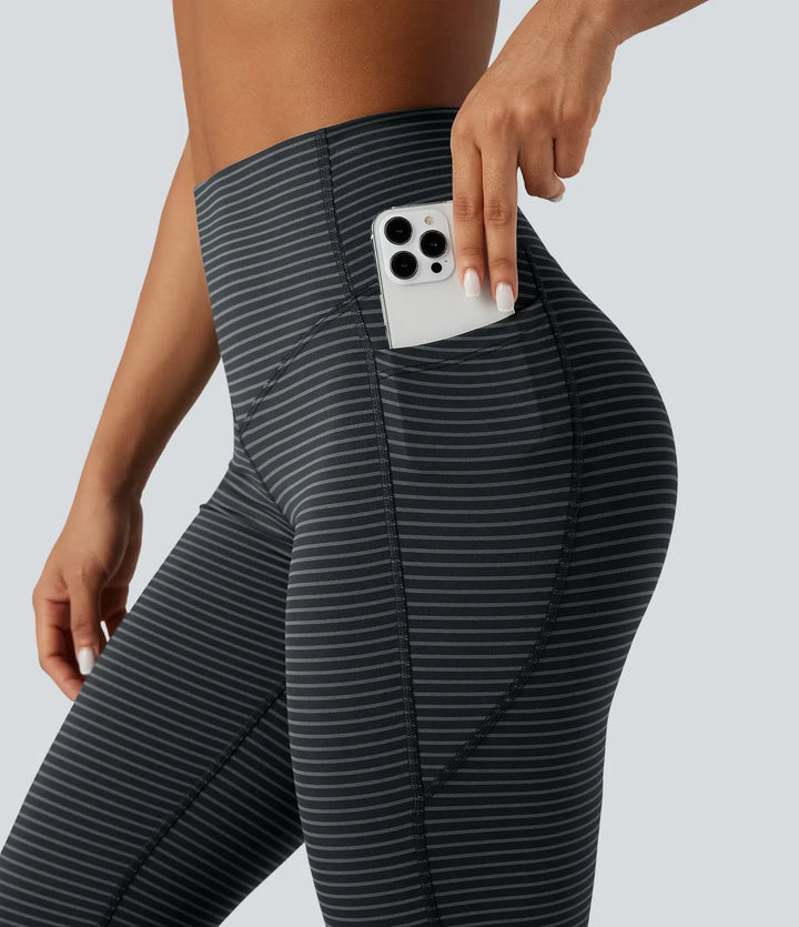 Z wysokim stanem modelujące brzuch w paski joga bootcut legginsy z kieszeniami