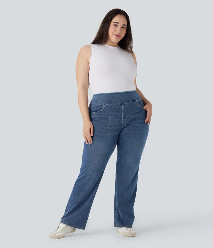 Halara Flex jeansy bootcut z wysokim stanem, kieszeniami i pranym wykończeniem — na co dzień — w rozmiarze plus