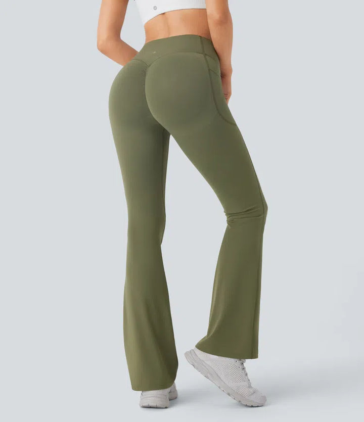 Halara UltraSculpt legginsy do jogi bootcut z wysokim stanem, marszczeniem podnoszącym pośladki, modelowaniem brzucha, modelujące sylwetkę, z kieszeniami.
