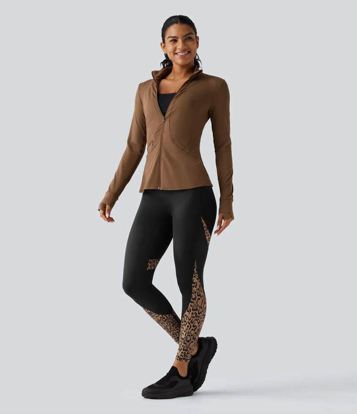 Z wysokim stanem skinny kontrastowa siateczka w panterkę kolor block legginsy do jogi z kieszeniami