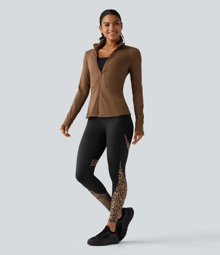 Z wysokim stanem skinny kontrastowa siateczka w panterkę kolor block legginsy do jogi z kieszeniami