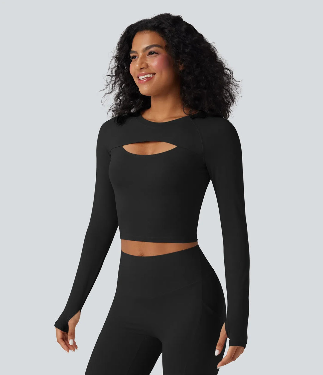 SoftlyZero QuickDry z wycięciem z długim rękawem z otworem na kciuk krótki fason joga top sportowy