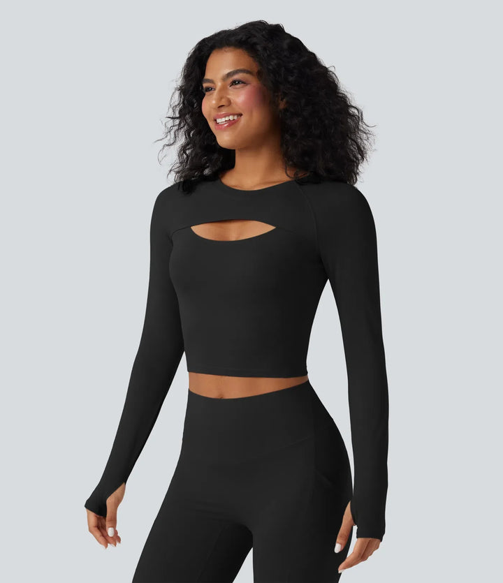SoftlyZero QuickDry z wycięciem z długim rękawem z otworem na kciuk krótki fason joga top sportowy