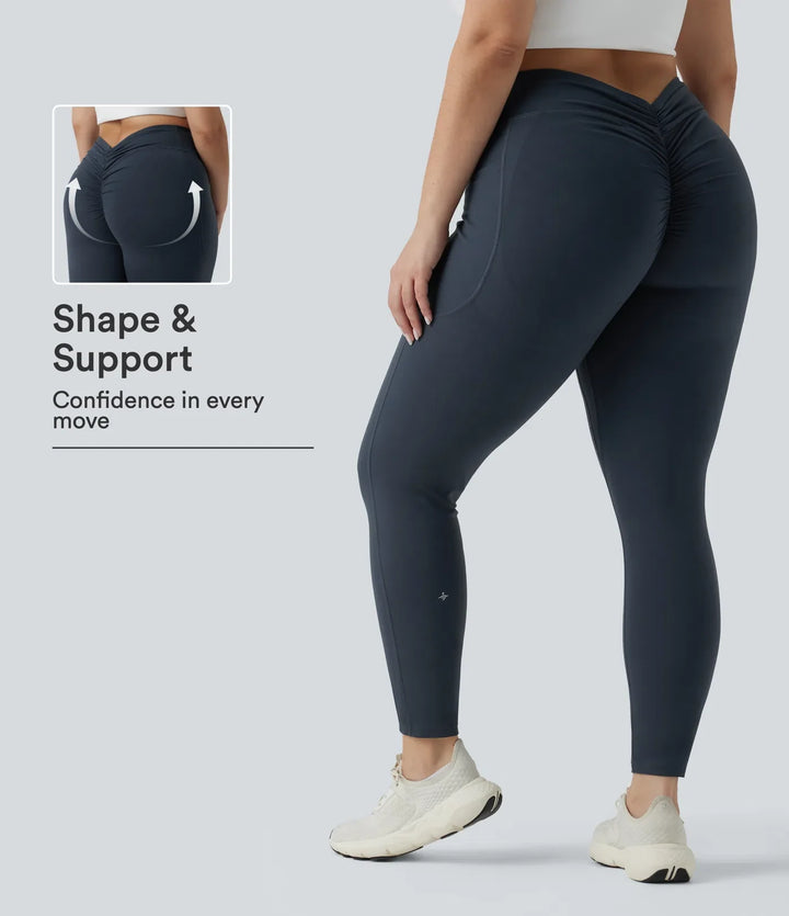 Plus size Milejka UltraSculpt z wysokim stanem modelujące brzuch unoszące pośladki marszczony legginsy do jogi z kieszeniami