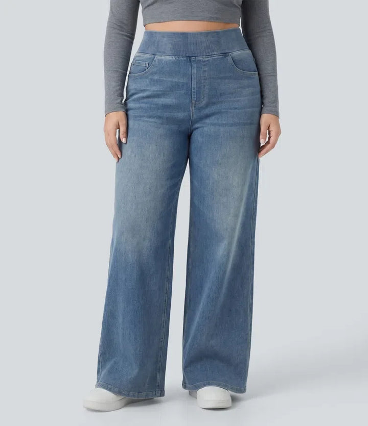 Milejka Flex z wysokim stanem i kieszeniami baggy z szeroką nogawką sprany na co dzień plus size jeansy