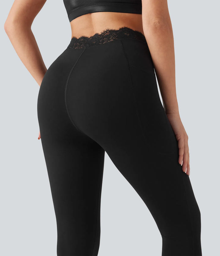 Halara UltraSculpt legginsy do jogi w kształcie litery V z wysokim stanem, kontrastową koronką i kieszeniami