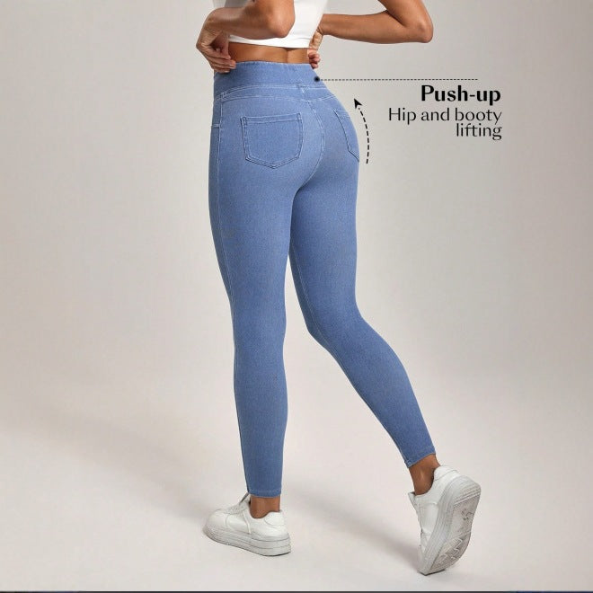 Halara Flex wysokie legginsy w stylu jeansowym (denim), modelujące brzuch, z kieszeniami