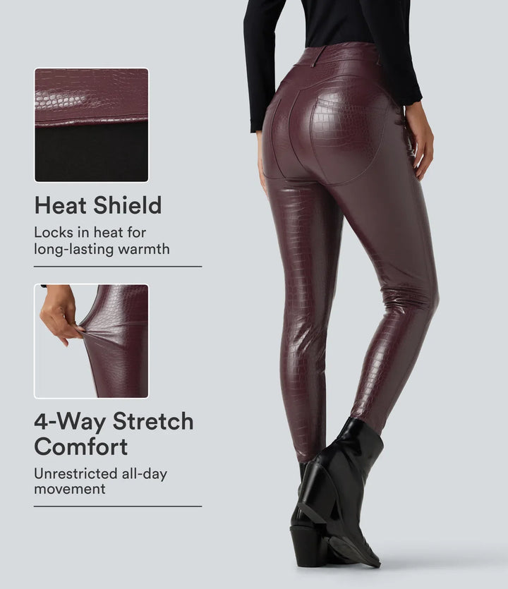 Z wysokim stanem wzór skóry węża print elastyczny PU polarowy legginsy na co dzień z kieszeniami