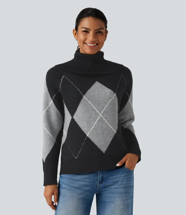 Casualowy sweter w kratkę z odkrytymi ramionami i długimi rękawami