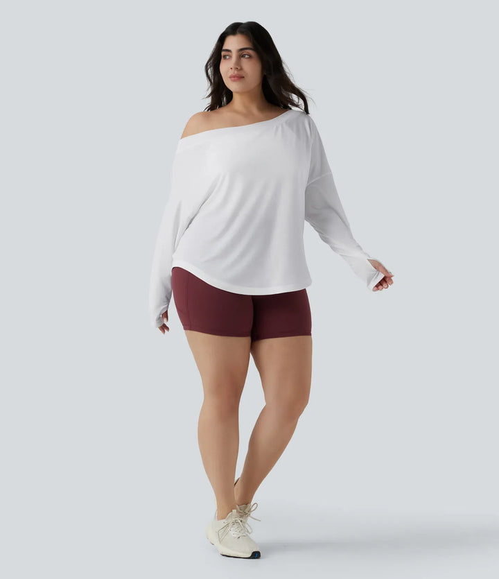 Na jedno ramię z długim rękawem z otworem na kciuk z zaokrąglonym dołem High Low szybkoschnący joga plus size top sportowy-z wbudowanym biustonoszem