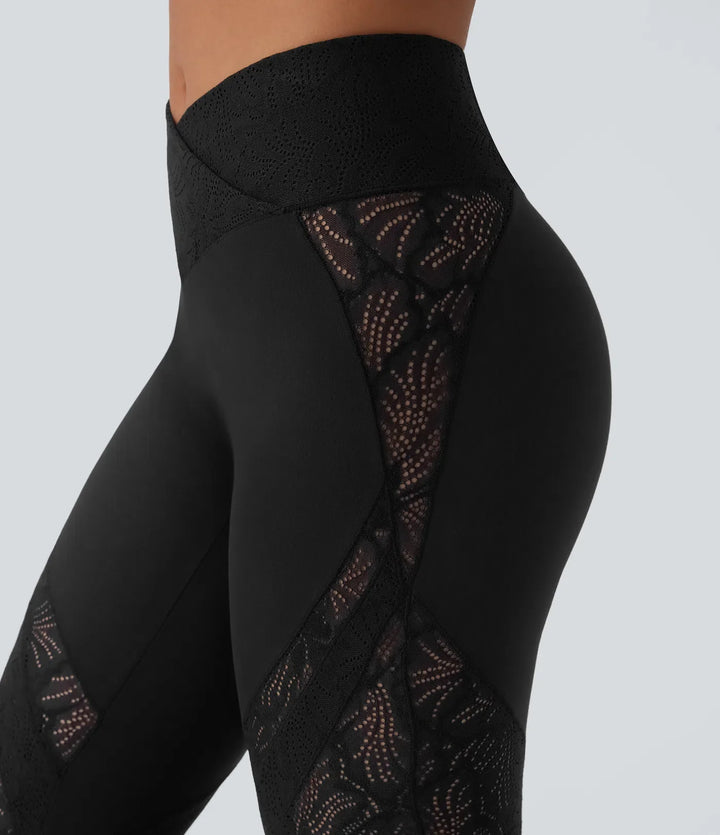 SoftlyZero z wysokim stanem krzyżowany kieszeń kontrastowa koronka flare legginsy do jogi