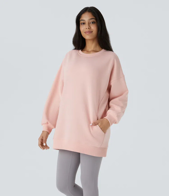 Oversize bluza z polaru z okrągłym dekoltem, długimi rękawami i kieszenią, na co dzień