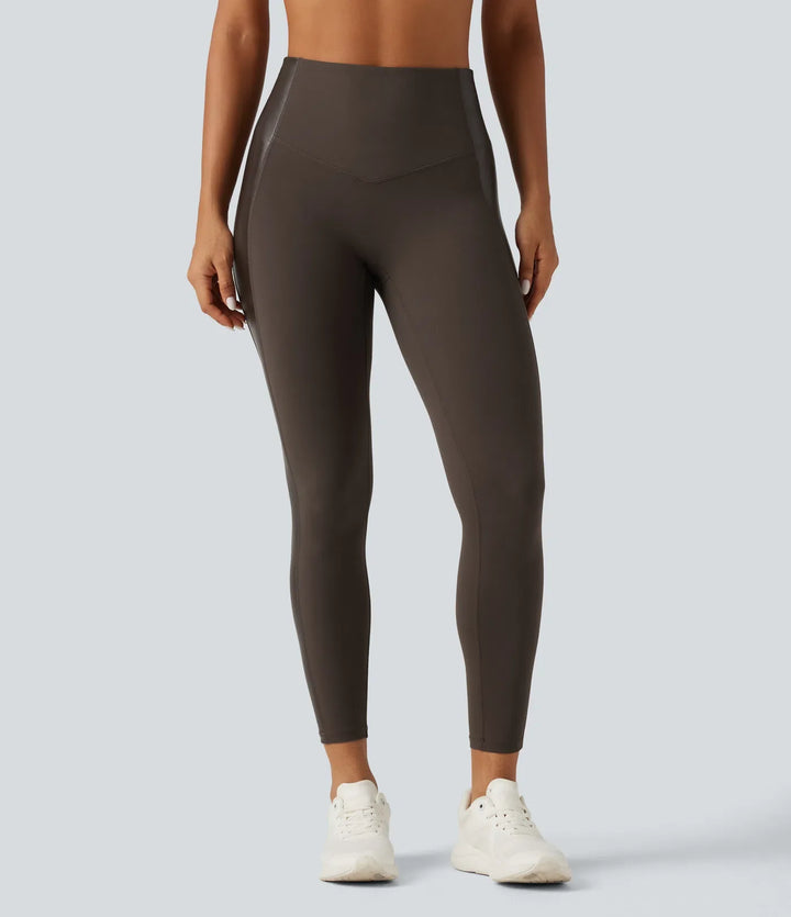 Milejka UltraSculpt z wysokim stanem elastyczny PU modelujące brzuch legginsy do jogi z kieszenią
