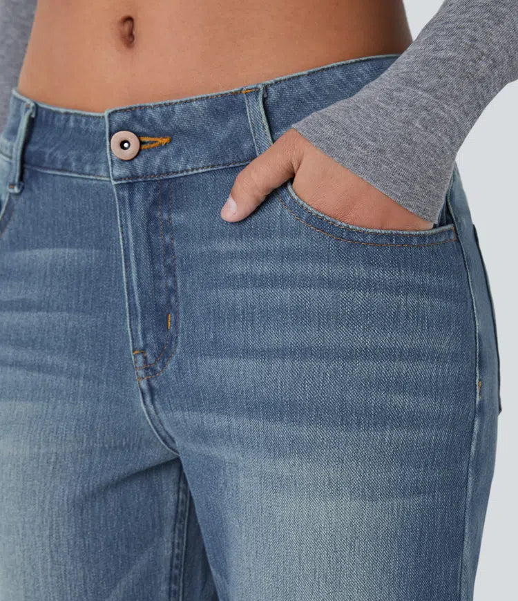 Halara Flex niskie, prane casualowe dżinsy bootcut z kieszeniami na zamek