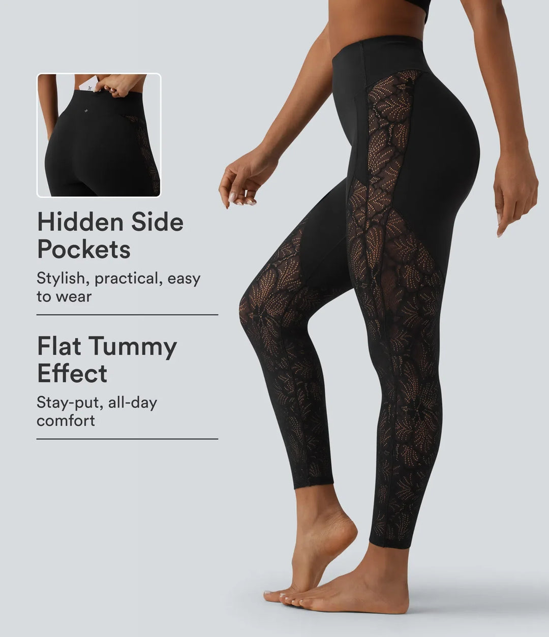 Milejka UltraSculpt z wysokim stanem modelujące brzuch kontrastowa koronka joga 7/8 legginsy z kieszenią