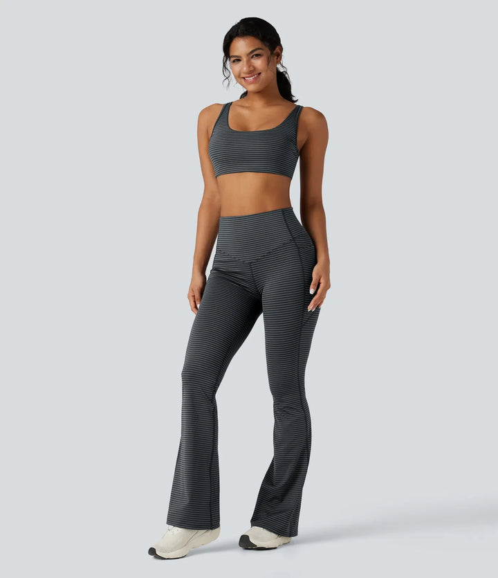 Z wysokim stanem modelujące brzuch w paski joga bootcut legginsy z kieszeniami