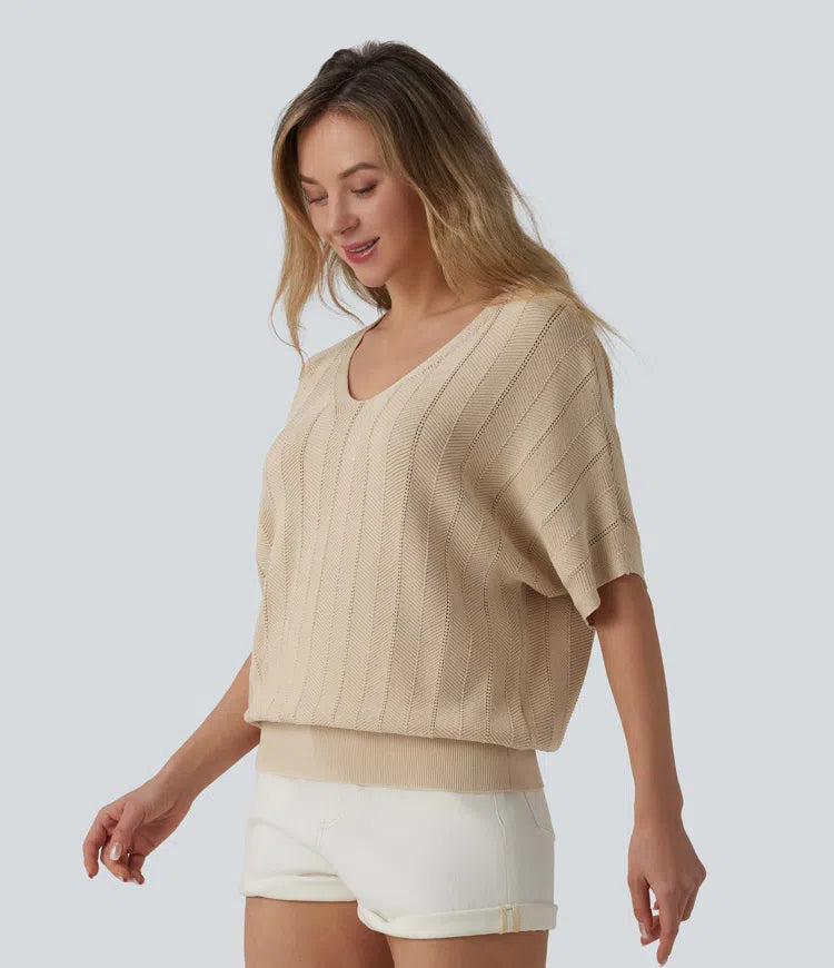 Sweter na co dzień z dekoltem w serek i krótkim rękawem