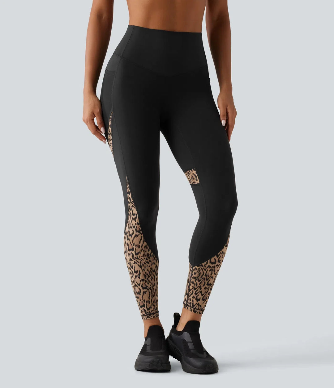 Z wysokim stanem skinny kontrastowa siateczka w panterkę kolor block legginsy do jogi z kieszeniami
