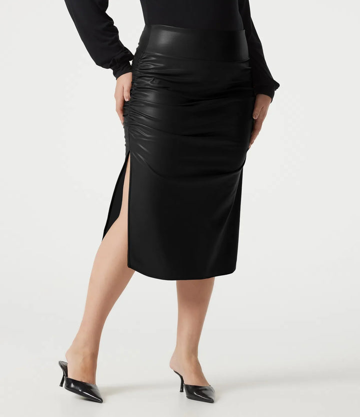 Plus size z wysokim stanem modelujące brzuch marszczony z zaokrąglonym dołem 2-in-1 polarowy PU skórzany midi na co dzień spódnica