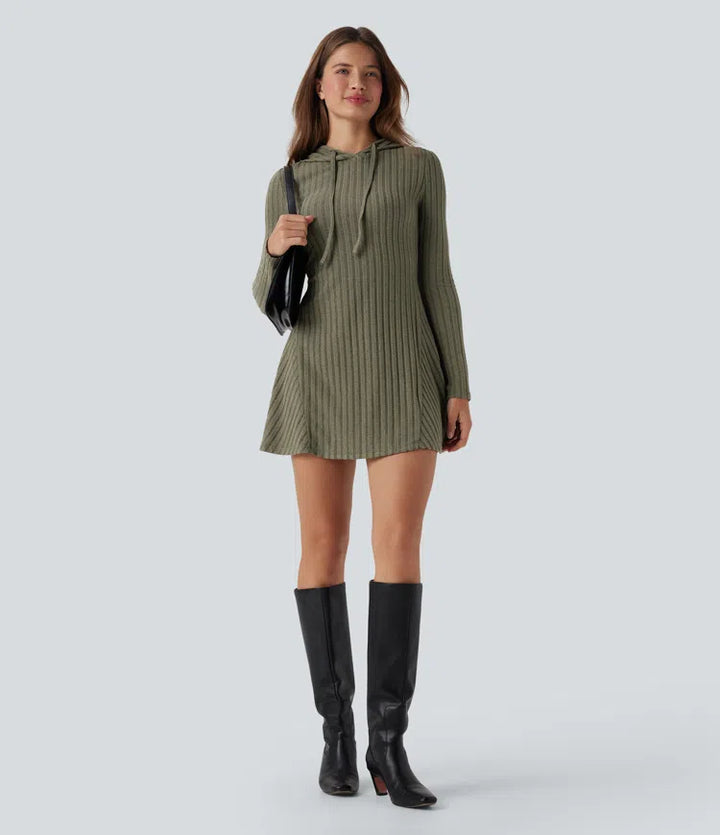 Prążkowana dzianinowa mini sukienka z kapturem i wiązaniem, z długimi rękawami, w stylu casual