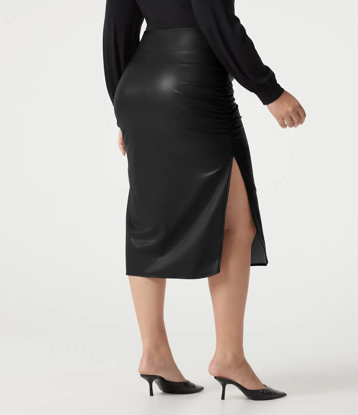 Plus size z wysokim stanem modelujące brzuch marszczony z zaokrąglonym dołem 2-in-1 polarowy PU skórzany midi na co dzień spódnica