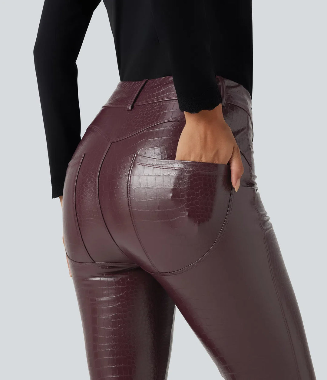 Z wysokim stanem wzór skóry węża print elastyczny PU polarowy legginsy na co dzień z kieszeniami