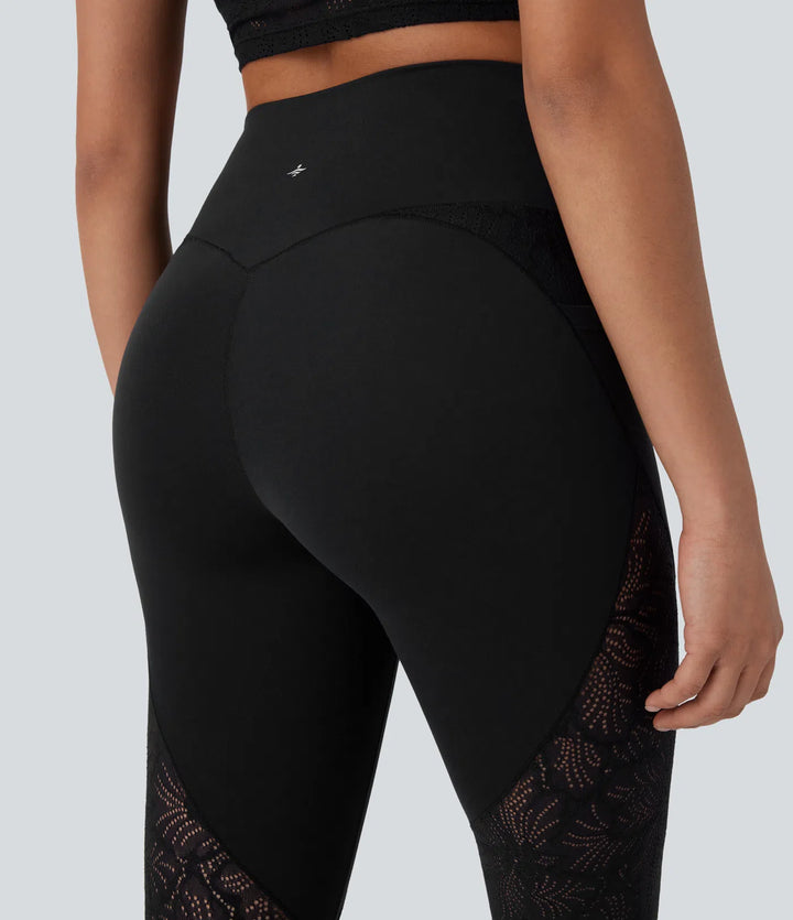 SoftlyZero legginsy do jogi 7/8 z wysokim stanem, przekładaną kieszenią i kontrastową koronką