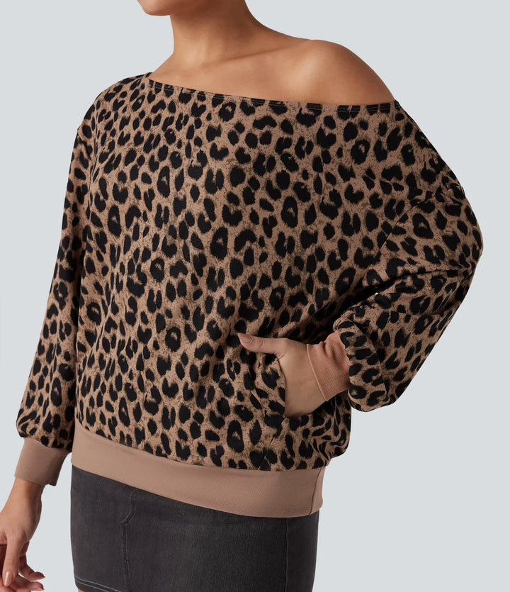 Na jedno ramię z długim rękawem waflowy Leopard bluza na co dzień z kieszeniami