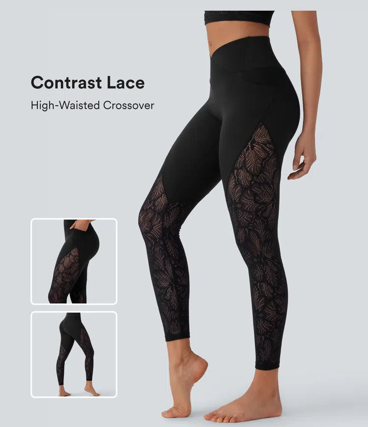 SoftlyZero legginsy do jogi 7/8 z wysokim stanem, przekładaną kieszenią i kontrastową koronką