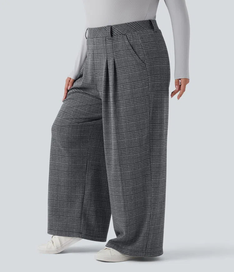 Spodnie plus size z wysokim stanem, szerokimi nogawkami i wzorem pepitki, casualowe, z kieszeniami